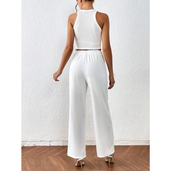 two piece set: crop top & Straight Leg Pants white - Picture 2 of 5